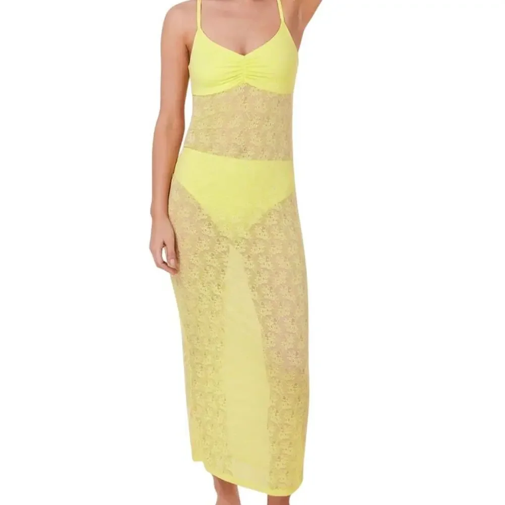 NWT Sample Andie Swim Women's XS Nadi Yellow Floral Lace Summer Dress Coverup